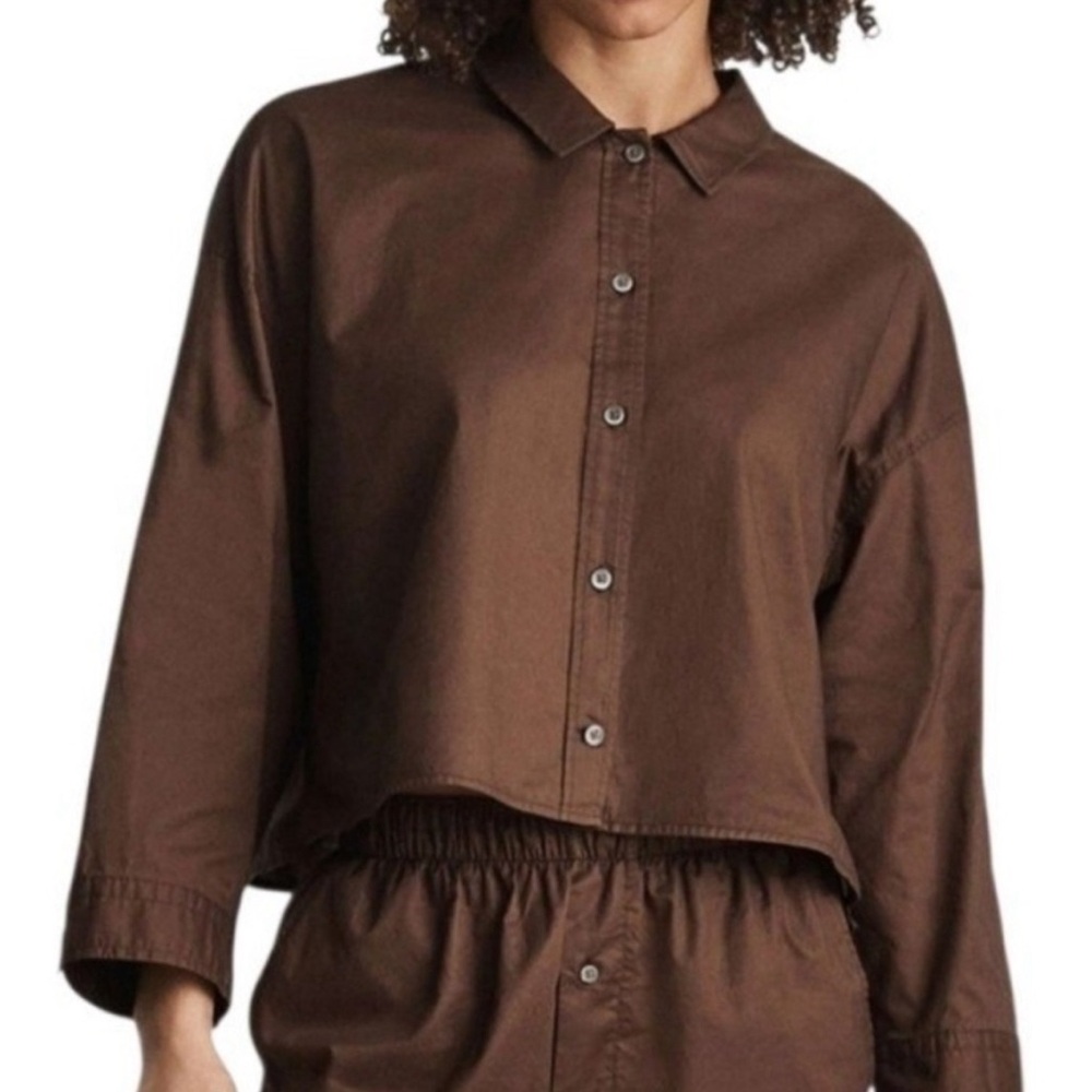 EVERLANE The Woven PJ Top XS Oversized Boxy Chestnut Dark Brown Loungewear NWT